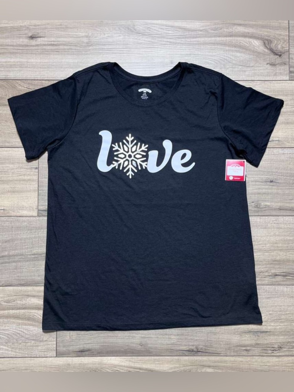 Holiday Time Womens Love Snowflake Graphic Short Sleeve Tee Large Black